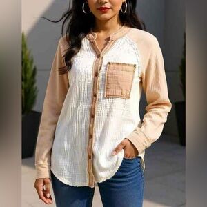 Aerie Oversized Cream and Tan Button-Down Cotton Shirt